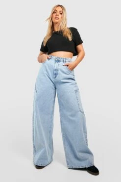 Plus Cargo-Jeans Mit Hohem Bund Und Acid-Waschung -Plus Jane Stil Geschaft gzz49958 acid20wash20light20blue xl 2