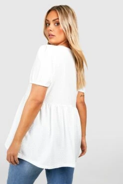 Plus Strukturiertes Kitteloberteil Mit Keyhole-Ausschnitt Und Puffärmeln -Plus Jane Stil Geschaft gzz50409 white xl 1