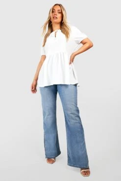Plus Strukturiertes Kitteloberteil Mit Keyhole-Ausschnitt Und Puffärmeln -Plus Jane Stil Geschaft gzz50409 white xl 2