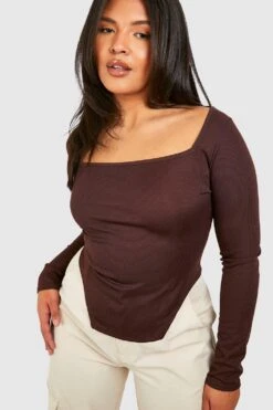 Plus Geripptes Korsett-Oberteil Mit Geradem Ausschnitt 9 Plus Geripptes Korsett-Oberteil Mit Geradem Ausschnitt -Plus Jane Stil Geschaft gzz50421 chocolate xl 3