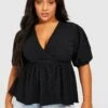Plus Strukturiertes Wickel-Oberteil Mit Puffärmeln 1 Plus Strukturiertes Wickel-Oberteil Mit Puffärmeln -Plus Jane Stil Geschaft gzz50751 black xl