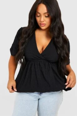 Plus Strukturiertes Wickel-Oberteil Mit Puffärmeln -Plus Jane Stil Geschaft gzz50751 black xl 2