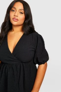 Plus Strukturiertes Wickel-Oberteil Mit Puffärmeln -Plus Jane Stil Geschaft gzz50751 black xl 3