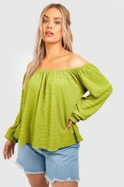 Plus Strukturiertes Bardot-Top -Plus Jane Stil Geschaft gzz50764 lime xl 2