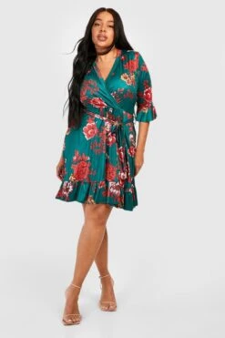 Plus Florales Wickel-Skaterkleid Mit Gürtel 8 Plus Florales Wickel-Skaterkleid Mit Gürtel -Plus Jane Stil Geschaft gzz51642 green xl 2