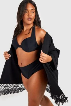 Plus Gehäkelter Strand-Kimono Mit Quasten-Saum 8 Plus Gehäkelter Strand-Kimono Mit Quasten-Saum -Plus Jane Stil Geschaft gzz51653 black xl 2