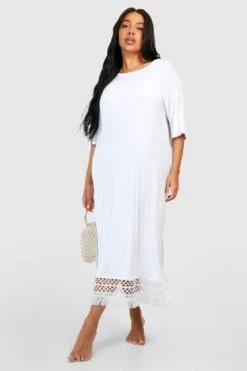 Plus Gehäkeltes Strandkleid Mit Quasten-Saum -Plus Jane Stil Geschaft gzz51654 white xl 2