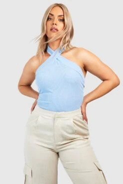 Plus Gerippter Neckholder-Body In Knitteroptik -Plus Jane Stil Geschaft gzz52079 blue xl 3