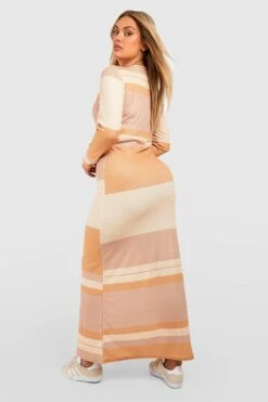 Plus Langärmliges Gestreiftes Maxikleid -Plus Jane Stil Geschaft gzz52265 tan xl 1