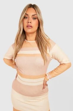 Plus Langärmliges Gestreiftes Maxikleid -Plus Jane Stil Geschaft gzz52265 tan xl 3