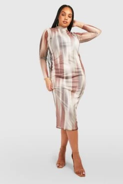 Plus Mesh-Midikleid Mit Abstraktem Print