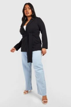 Plus Jersey-Blazer Mit Geschnürter Taille 8 Plus Jersey-Blazer Mit Geschnürter Taille -Plus Jane Stil Geschaft gzz53171 black xl 2