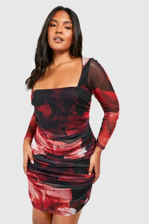 Plus Florales Mesh Bodycon-Kleid Mit Abstraktem Blumenprint -Plus Jane Stil Geschaft gzz53608 red xl