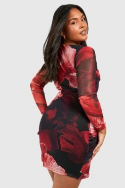 Plus Florales Mesh Bodycon-Kleid Mit Abstraktem Blumenprint -Plus Jane Stil Geschaft gzz53608 red xl 1