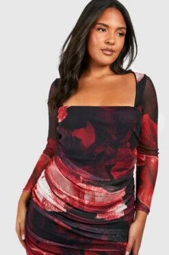 Plus Florales Mesh Bodycon-Kleid Mit Abstraktem Blumenprint -Plus Jane Stil Geschaft gzz53608 red xl 3