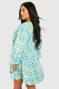 Plus Florales Gestuftes Smokkleid -Plus Jane Stil Geschaft gzz54176 blue xl 1