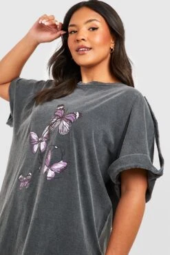 Plus T-Shirt Mit Acid-Waschung Und Schmetterlings-Print -Plus Jane Stil Geschaft pzz02018 charcoal xl 3