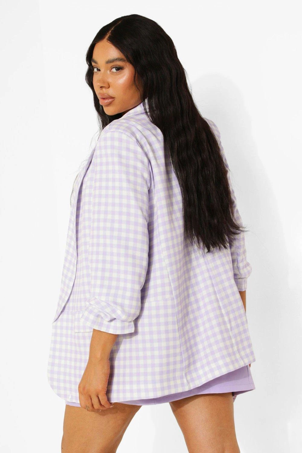 Plus Gingham Blazer Mit Gerafften Ärmeln 4 Plus Gingham Blazer Mit Gerafften Ärmeln – Bild 2