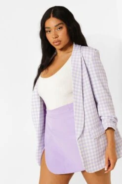 Plus Gingham Blazer Mit Gerafften Ärmeln 9 Plus Gingham Blazer Mit Gerafften Ärmeln -Plus Jane Stil Geschaft pzz06544 lilac xl 3