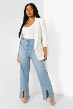 Plus Stretch Blazer Mit Gerafften Ärmeln -Plus Jane Stil Geschaft pzz06563 ivory xl 2