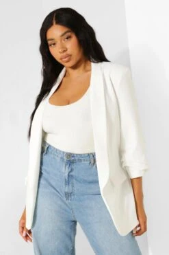 Plus Stretch Blazer Mit Gerafften Ärmeln -Plus Jane Stil Geschaft pzz06563 ivory xl 3