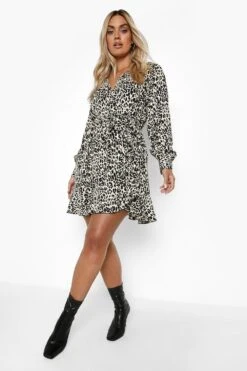 Plus Leopardenprint Wickel-Skaterkleid Mit Rüschen