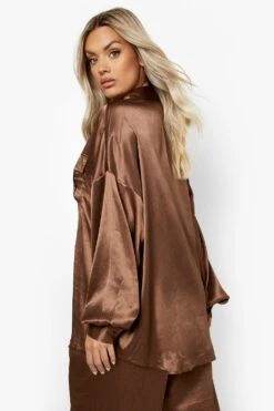 Plus Lockeres Strukturiertes Satin-Hemd -Plus Jane Stil Geschaft pzz09811 chocolate xl 1