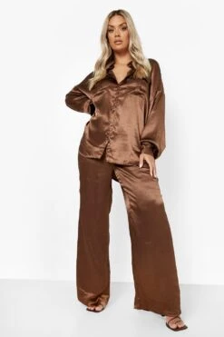 Plus Lockeres Strukturiertes Satin-Hemd -Plus Jane Stil Geschaft pzz09811 chocolate xl 2