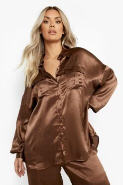 Plus Lockeres Strukturiertes Satin-Hemd -Plus Jane Stil Geschaft pzz09811 chocolate xl 3