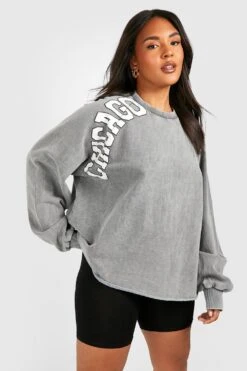 Tall Sweatshirt Mit Acid-Waschung Und Chicago-Print -Plus Jane Stil Geschaft pzz10121 charcoal xl 2