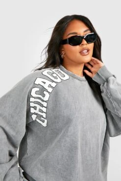 Tall Sweatshirt Mit Acid-Waschung Und Chicago-Print -Plus Jane Stil Geschaft pzz10121 charcoal xl 3