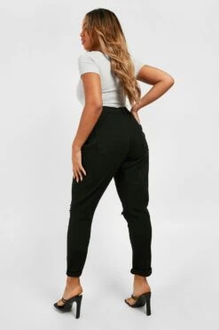 Plus Mom-Jeans Mit Hohem Bund Und Riss Am Knie -Plus Jane Stil Geschaft pzz10190 black xl 1