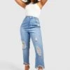 Plus Zerrissene Mom-Jeans Mit Hohem Bund -Plus Jane Stil Geschaft pzz10380 mid20blue xl