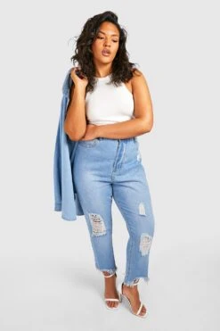 Plus Zerrissene Mom-Jeans Mit Hohem Bund -Plus Jane Stil Geschaft pzz10380 mid20blue xl 2