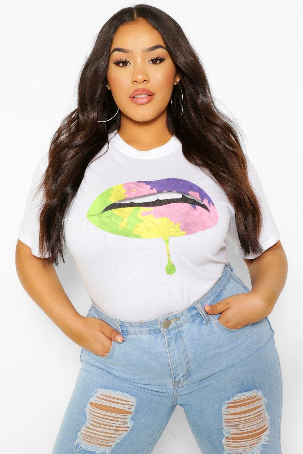 Plus T-Shirt Mit Regenbogen Lippen-Print 3 Plus T-Shirt Mit Regenbogen Lippen-Print