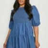Plus Gerafftes Chambray Smok-Kleid -Plus Jane Stil Geschaft pzz61672 blue xl