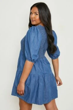 Plus Gerafftes Chambray Smok-Kleid 7 Plus Gerafftes Chambray Smok-Kleid -Plus Jane Stil Geschaft pzz61672 blue xl 1