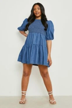 Plus Gerafftes Chambray Smok-Kleid 8 Plus Gerafftes Chambray Smok-Kleid -Plus Jane Stil Geschaft pzz61672 blue xl 2