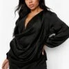 Plus Langärmlige Satin-Bluse Mit Wasserfallausschnitt -Plus Jane Stil Geschaft pzz62427 black xl