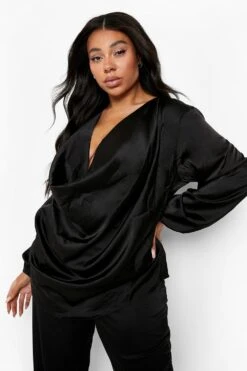 Plus Langärmlige Satin-Bluse Mit Wasserfallausschnitt