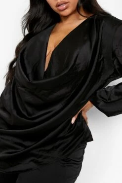 Plus Langärmlige Satin-Bluse Mit Wasserfallausschnitt -Plus Jane Stil Geschaft pzz62427 black xl 3