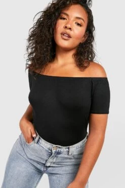 Plus Schulterfreies Basic Crop Top Mit Kurzen Ärmeln -Plus Jane Stil Geschaft pzz64079 black xl 3