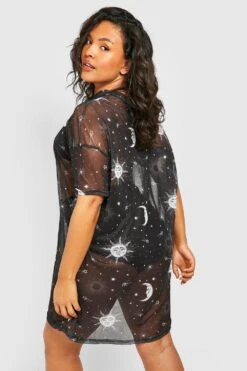Plus Mesh T-Shirt-Kleid Mit Sonne & Mond Print -Plus Jane Stil Geschaft pzz64910 black xl 1