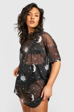 Plus Mesh T-Shirt-Kleid Mit Sonne & Mond Print -Plus Jane Stil Geschaft pzz64910 black xl 2
