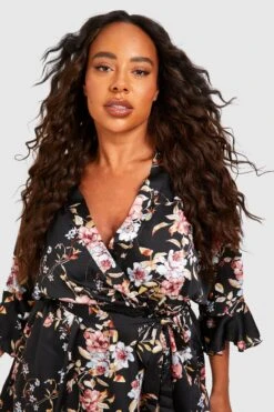 Plus Florales Satin-Wickelkleid Mit Rüschen -Plus Jane Stil Geschaft pzz69772 black xl 3