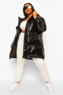 Plus Glänzende Parka-Steppjacke Mit Kunstfell-Kapuze -Plus Jane Stil Geschaft pzz70880 black xl 2