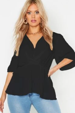 Plus Schößchenbluse Mit Weiten Ärmeln -Plus Jane Stil Geschaft pzz71713 black xl 3