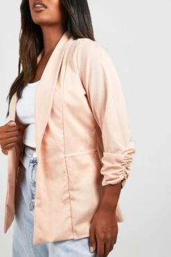 Plus Blazer Mit Gerafften Ärmeln Und Revers-Detail -Plus Jane Stil Geschaft pzz72824 stone xl 3