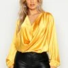 Plus Langärmlige Satin-Bluse Mit Wasserfallausschnitt 1 Plus Langärmlige Satin-Bluse Mit Wasserfallausschnitt -Plus Jane Stil Geschaft pzz73418 mustard xl