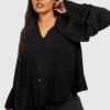 Plus Bluse Mit Tiefem Ausschnitt, Knopf-Detail Und Weiten Ärmeln -Plus Jane Stil Geschaft pzz73419 black xl